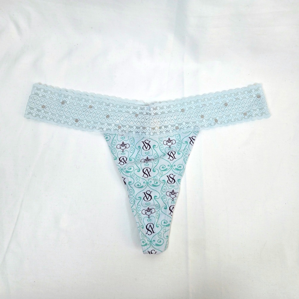Vtg Victorias Secret Blue Signature VS Monogram Crest Lace Waist Thong Large NWT